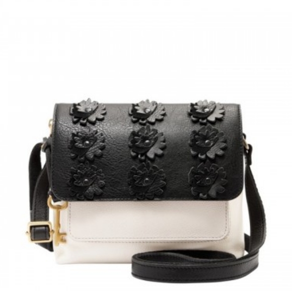 VTG Fossil Kinley Floral 3-Tone Small Leather Crossbody Bag in Black/Ivory/Tan - Picture 1 of 8